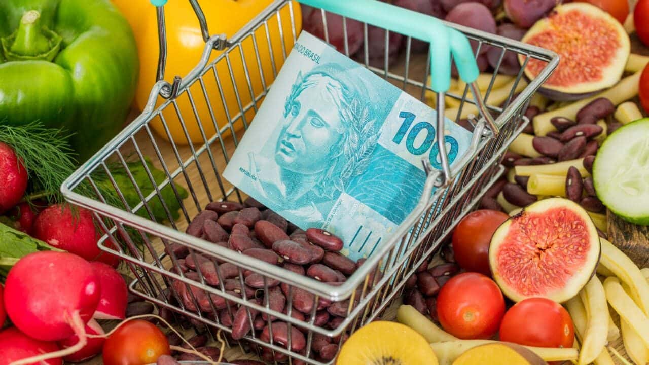 Cesta de compras em meio a vários tipos de alimentos com uma nota de 100 reais dentro Lula alimentos