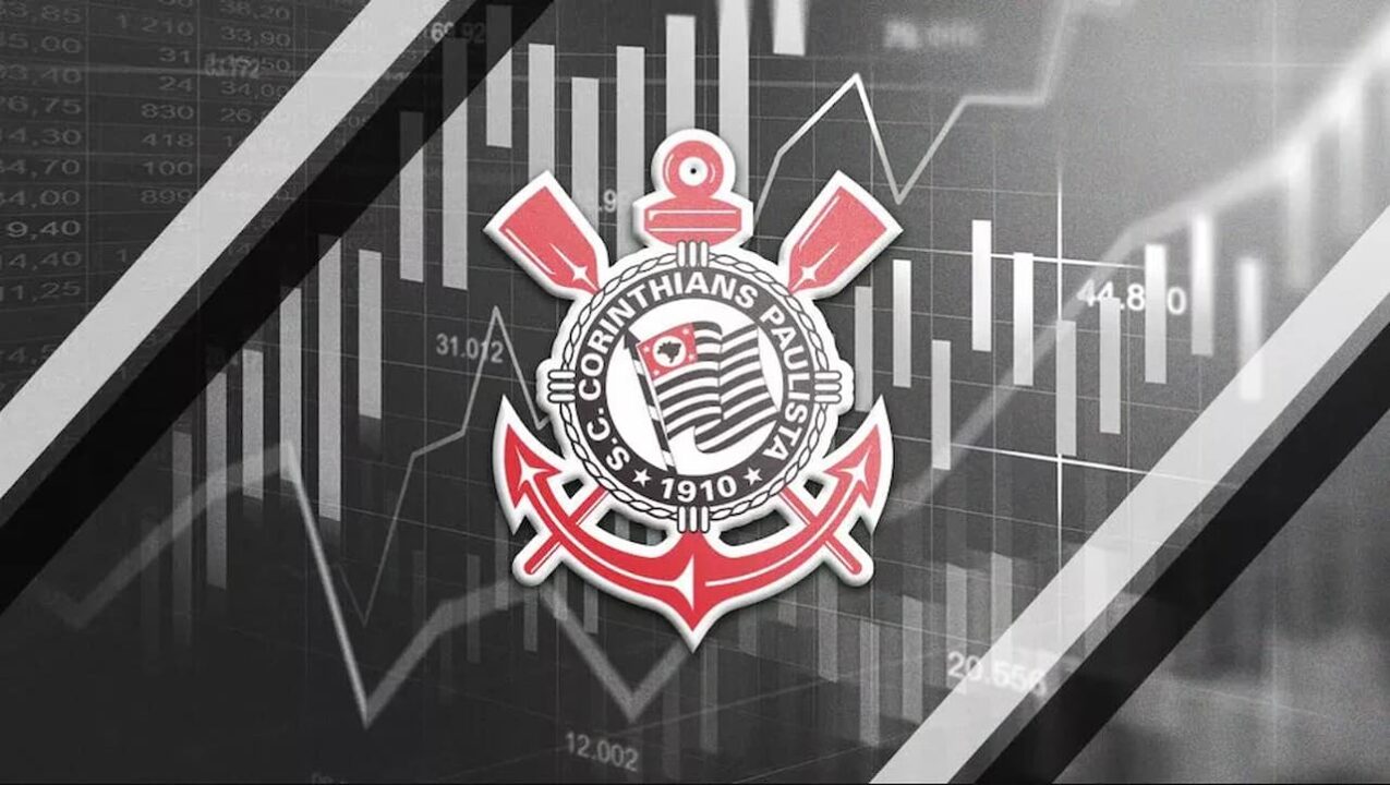Brasão do Corinthians centralizado na imagem com background de números e índices