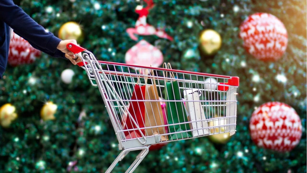 Braço de uma pessoa empurrando carrinho de compras com sacolas dentro. Ao fundo, decoração de Natal desfocada
