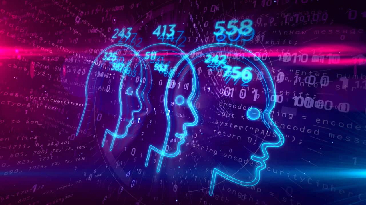 Contornos de três cabeças em estilo de desenho digital. Acima delas, números de Q.I. em alusão à inteligência