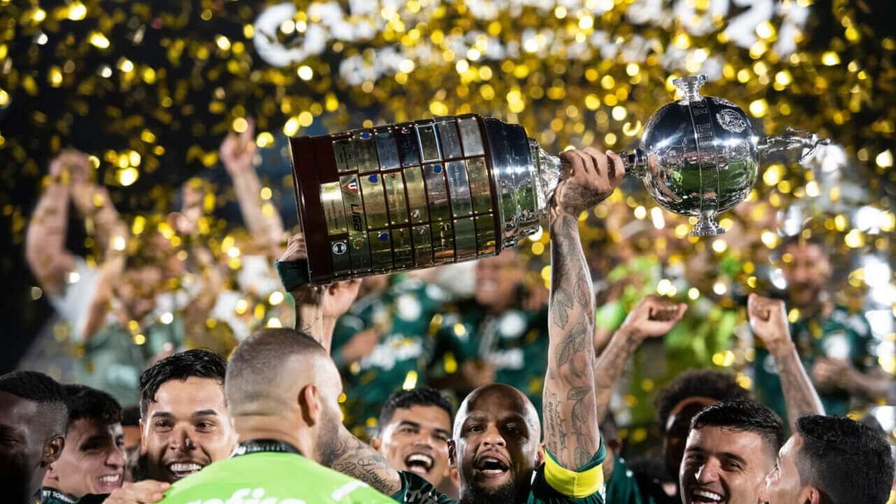 Jogadores comemorando vitória na Libertadores