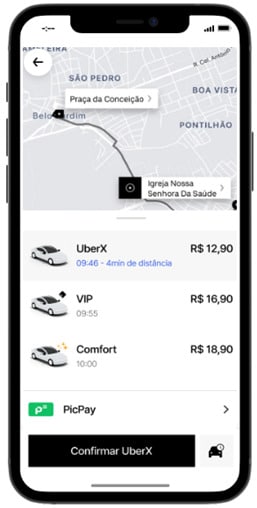 Tela de celular mostra solicitação de corrida no aplicativo Uber com o método de pagamento PicPay selecionado