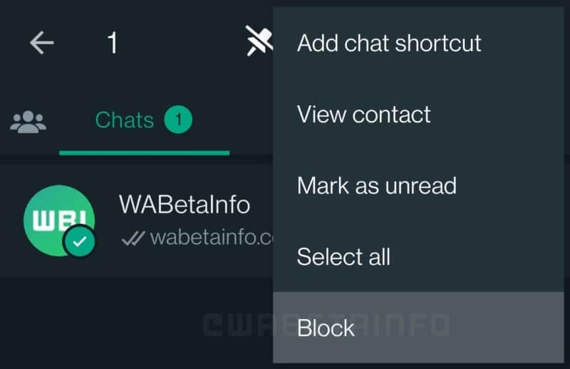 Print de tela da futura atualização do WhatsApp mostra nova função de bloqueio de contato entre as opções na lista de chats