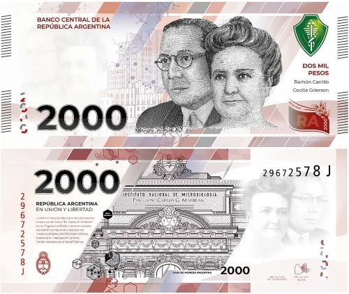 Reprodução de frente e verso da nova nota argentina de 2 mil pesos, com as figuras de dois médicos do país