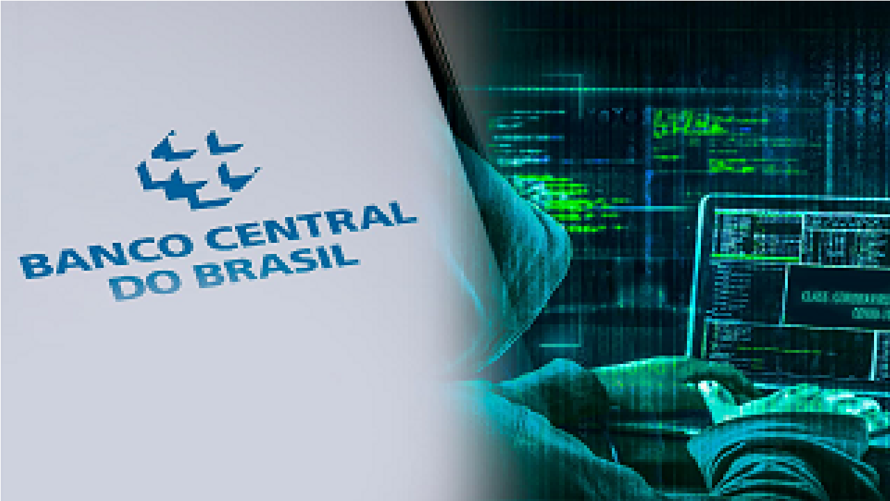 Imagem de golpista usando computador. Ao lado, imagem de celular com o app do Banco Central aberto