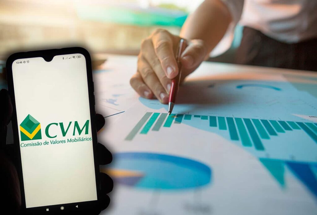 Imagem de um celular com tela na logo da CVM