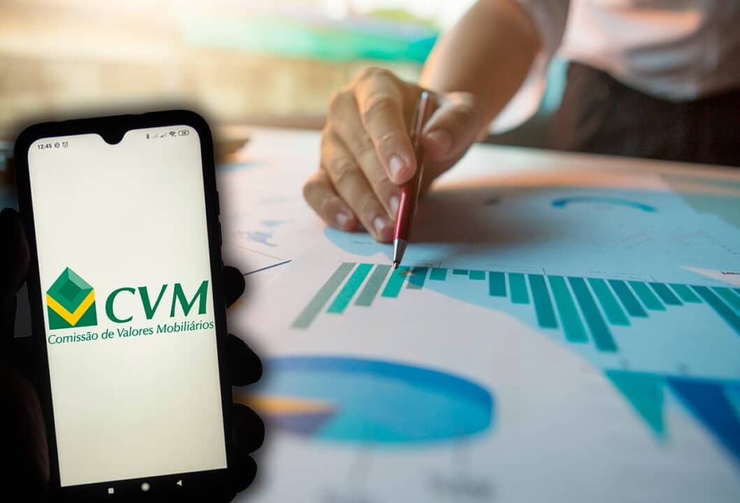 Imagem de um celular com tela na logo da CVM