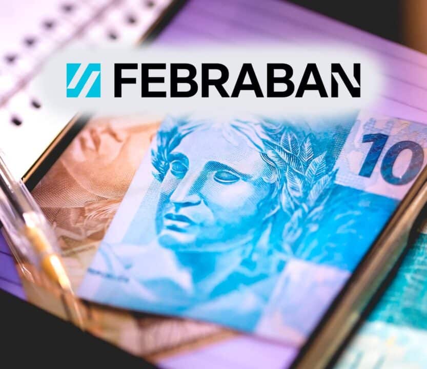 Notas de R$ 50 e R$ 100 e, sobre a imagem, a logomarca da Febraban
