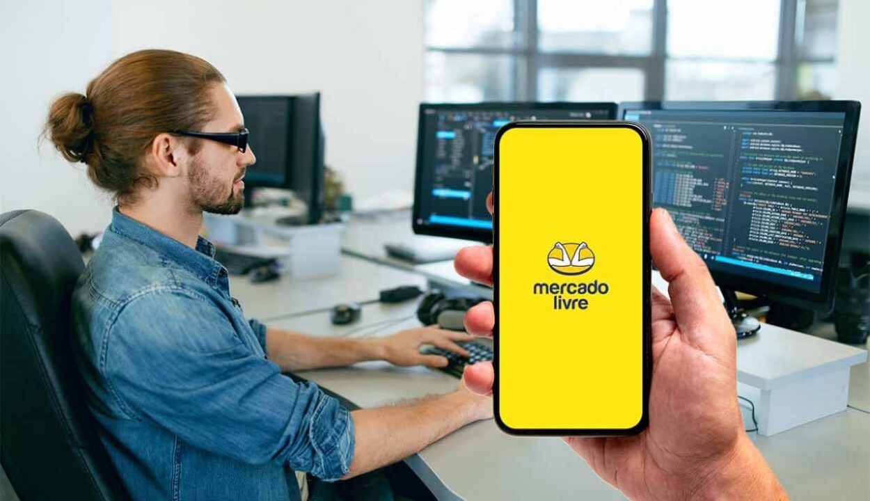 Homem programando um computador e uma mão segurando um celular com o aplicativo do Mercado Livre aberto