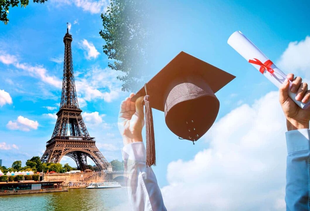 imagem da Torre Eiffel, em Paris, na França, e uma mão segurando um capelo e diploma de formatura