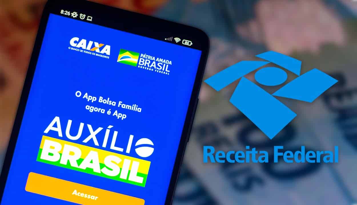 Celular com aplicativo do Auxílio Brasil. Ao lado, logo da Receita Federal em azul
