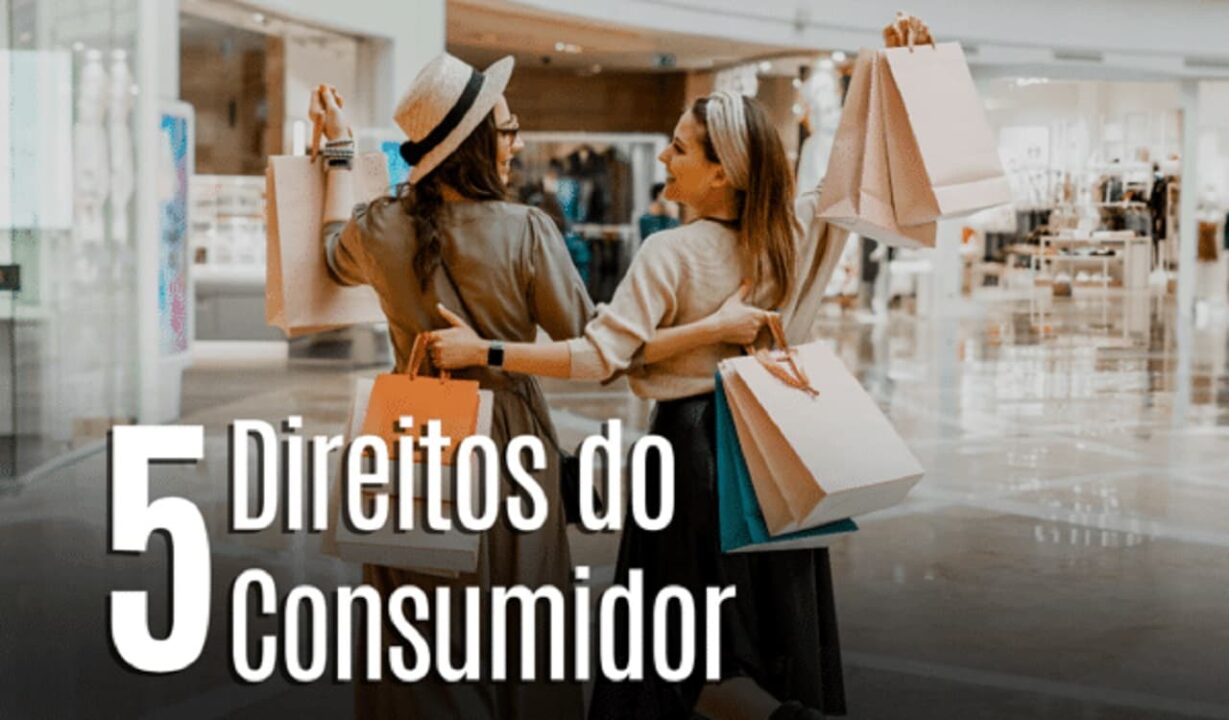 duas clientes mulheres fazendo compras com sacolas na mão dentro de um shopping, na parte inferior está escrito: "5 direitos do consumidor"