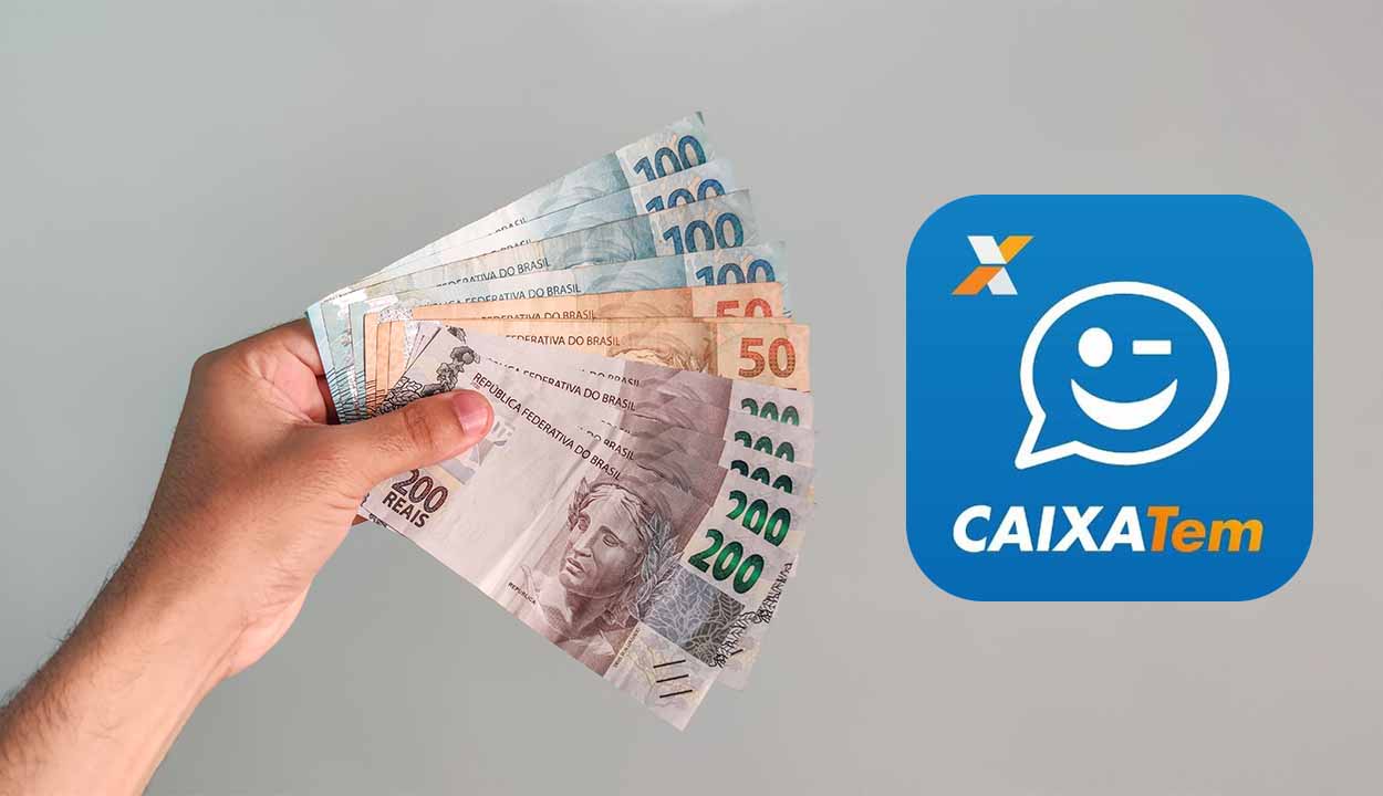 Mão segurando notas de dinheiro com logo do Caixa Tem ao lado