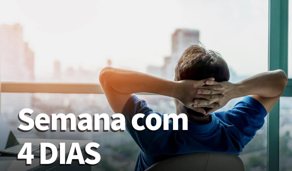 Imagem de homem sentado com as mãos na nua com os escritos "Semana de trabalho com 4 dias"
