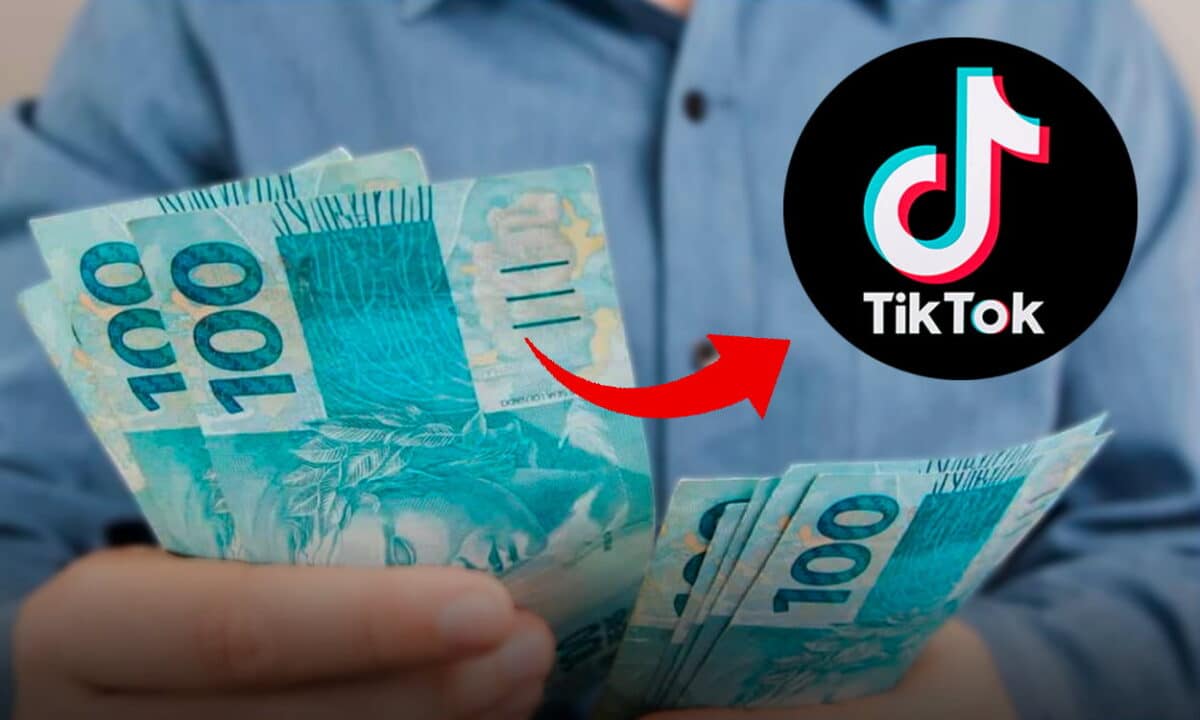 Imagem de um homem contando notas de R$100. Uma seta sai das notas e indica o logo do app TikTok no canto superior direito.