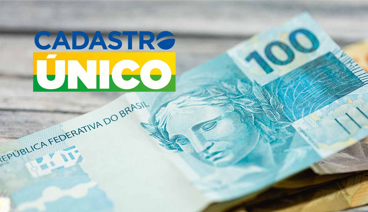 Nota de cem reais e logo do Cadastro Único no canto superior esquerdo