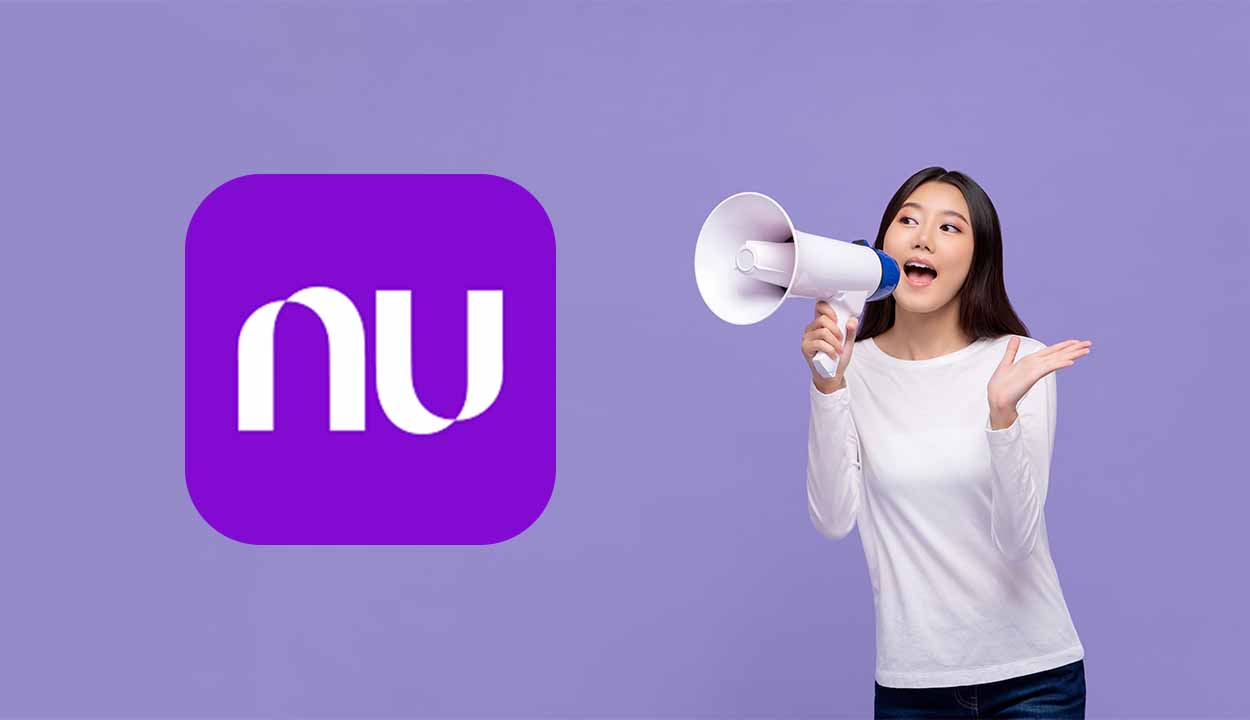 Montagem com uma mulher falando com megafone e a logo do Nubank