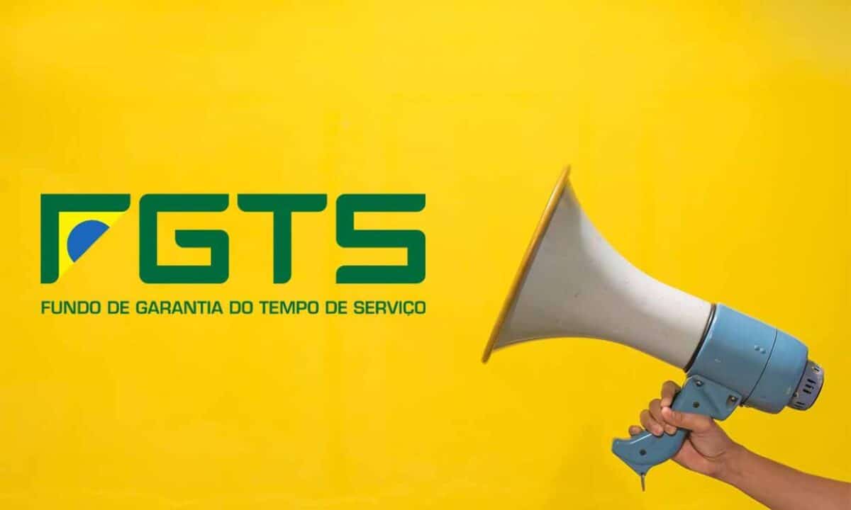um megafone, esticado por uma mĂŁo, apontando para o logo do FGTS