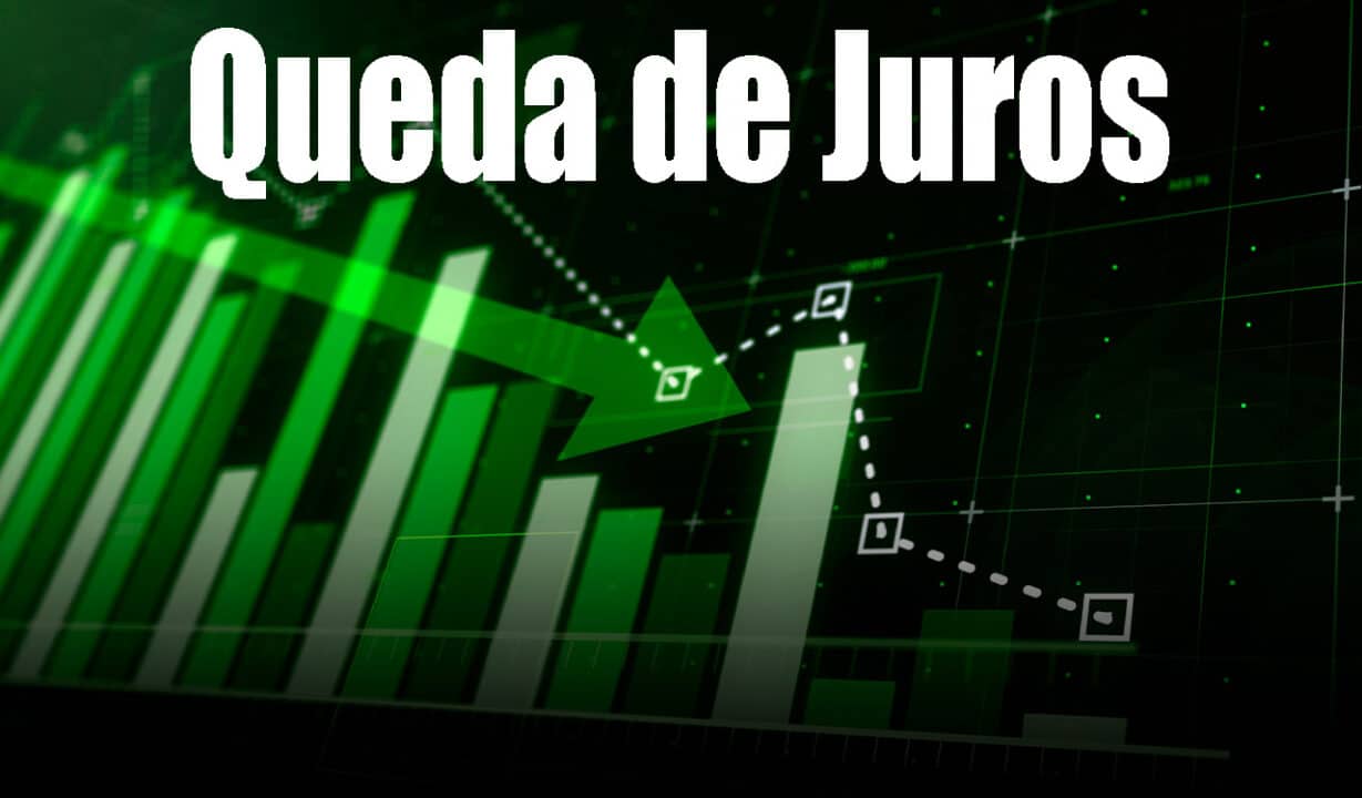 Gráficos em verde com linha pontilhada apontando trajetória de queda. No topo da imagem, "Queda de juros".