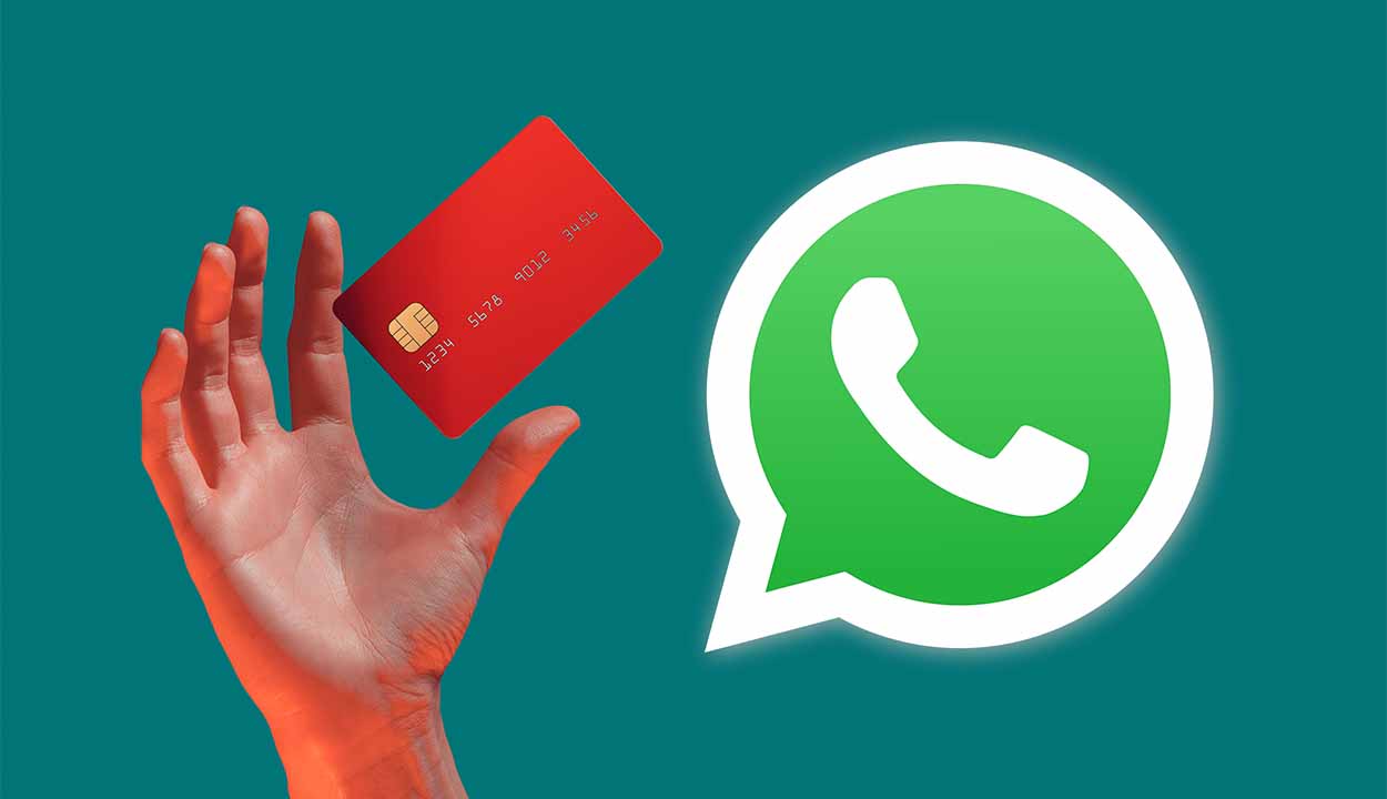 Ilustração de uma mão segurando um cartão e o logo de WhatsApp ao lado.
