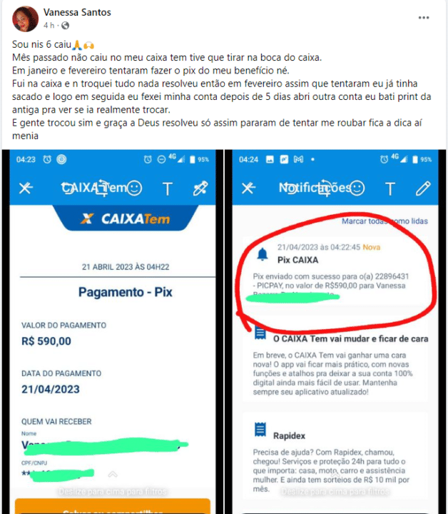 Imagem de uma usuária do Facebook postando sobre o benefício liberado pelo governo no Caixa Tem