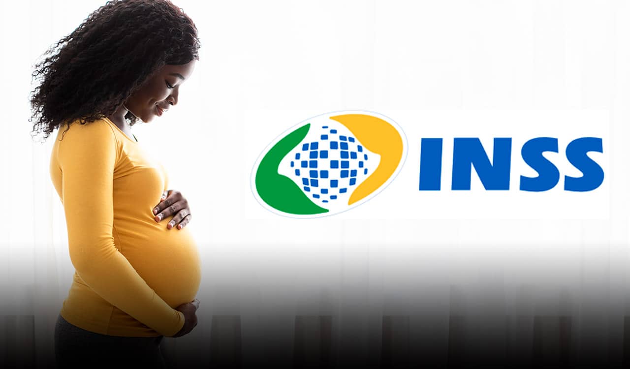 Imagem de uma mulher grávida ao lado da logo do INSS