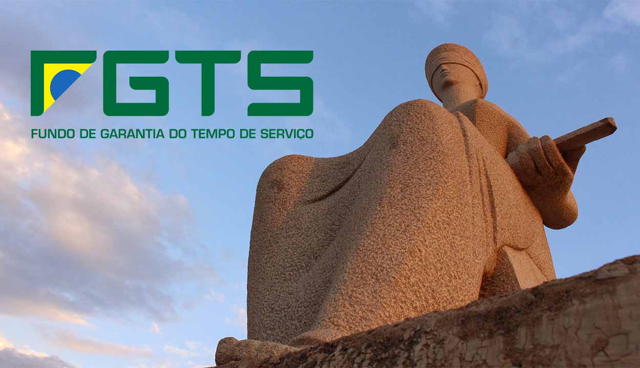 frente do STF, com a foto de estátua da justiça e o logo do FGTS