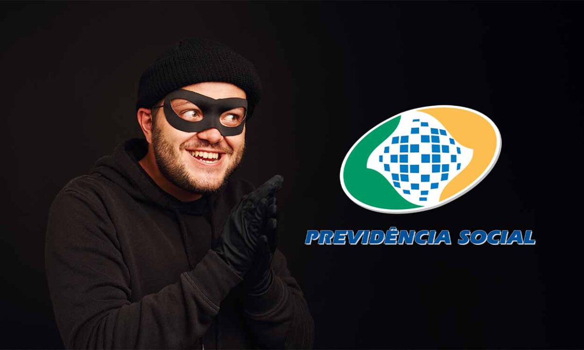 Imagem de um homem branco com roupas pretas, gorro e máscara nos olhos, como um criminoso, ao lado do logo da Previdência Social