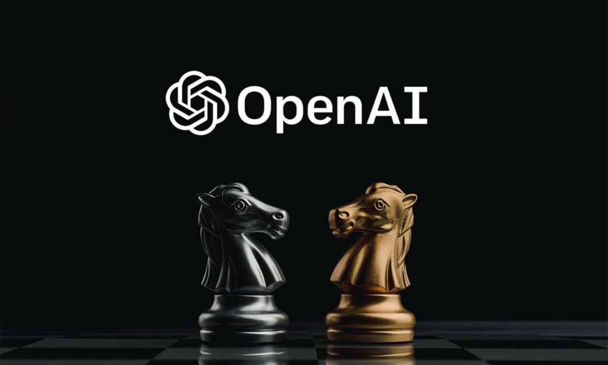 Duas peças de xadrez em formato de cavalo posicionadas uma de frente para a outra. Em cima, no centro da imagem, símbolo da OpenAI.