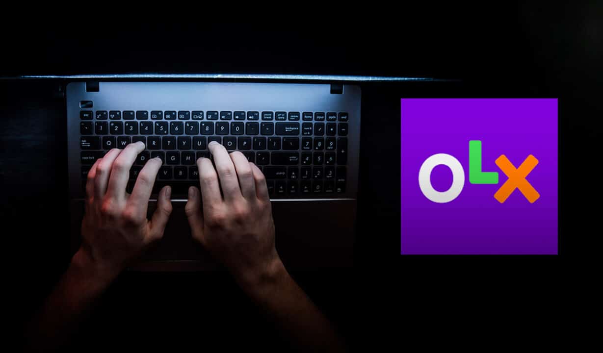 Mãos digitando em um computador. Ao lado, o logo da OLX.