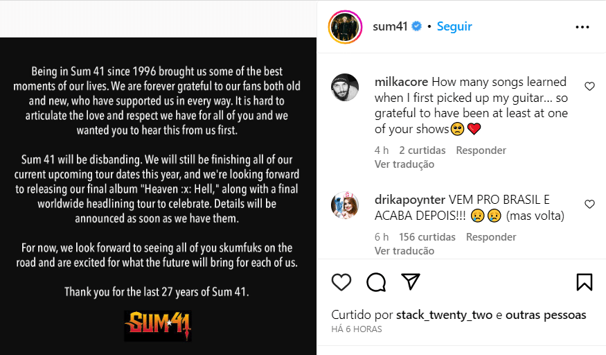 Imagem de captura de tela de banda famosa anunciando a despedida. 