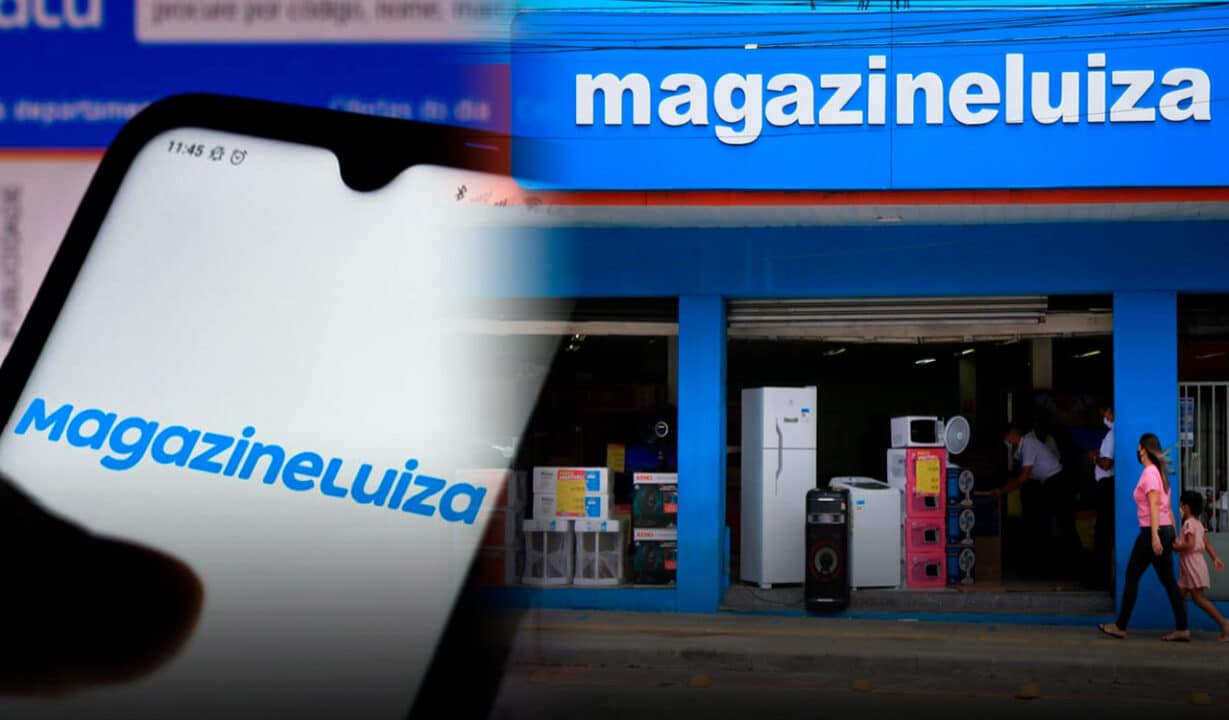 Imagem de um celular no app do Magazine Luiza e uma loja física ao lado.