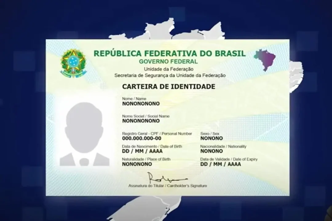 Nova carteira de identidade (CIN) num fundo azul com mapa do Brasil.