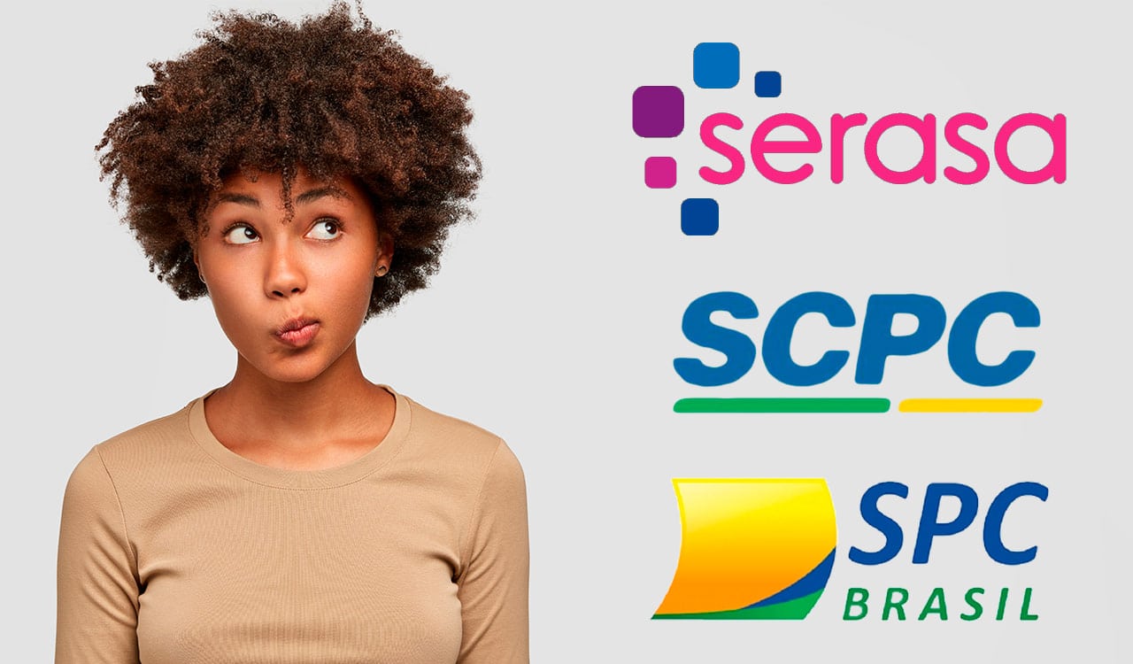 Imagem de uma mulher negra no lado esquerdo e as logos da Serasa, do SPC e SCPC no lado direito