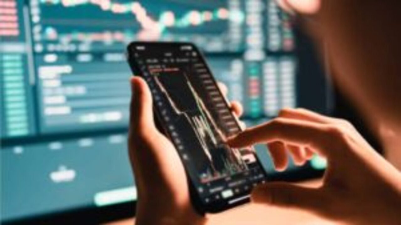 Pessoa segurando celular com bolsa de valores e tela ao fundo com ações / small caps