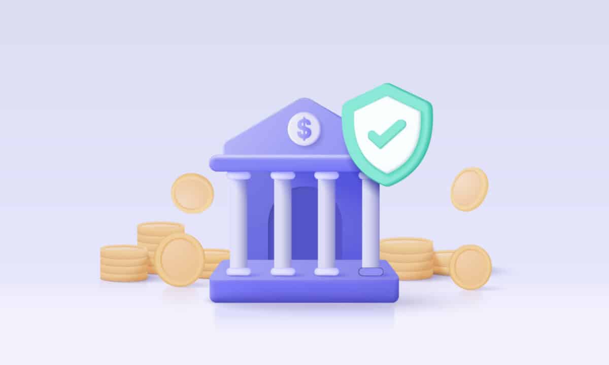 Ilustração de um banco com o símbolo de Check em verde