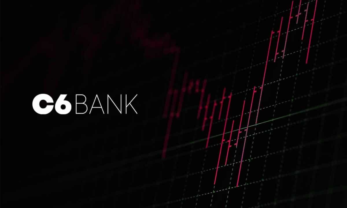 Montagem comum gráfico de ações e a logo do C6 Bank