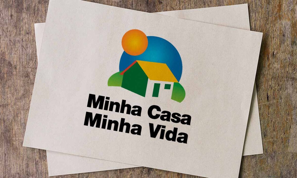 Imagem com desenho de uma casa, escrito o nome do programa social Minha Casa, Minha Vida, em destaque na cor preta. venda