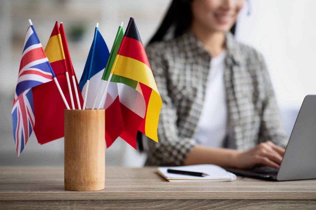 Uma mulher usando um laptop. Em primeiro plano bandeiras de diversos países do mundo.