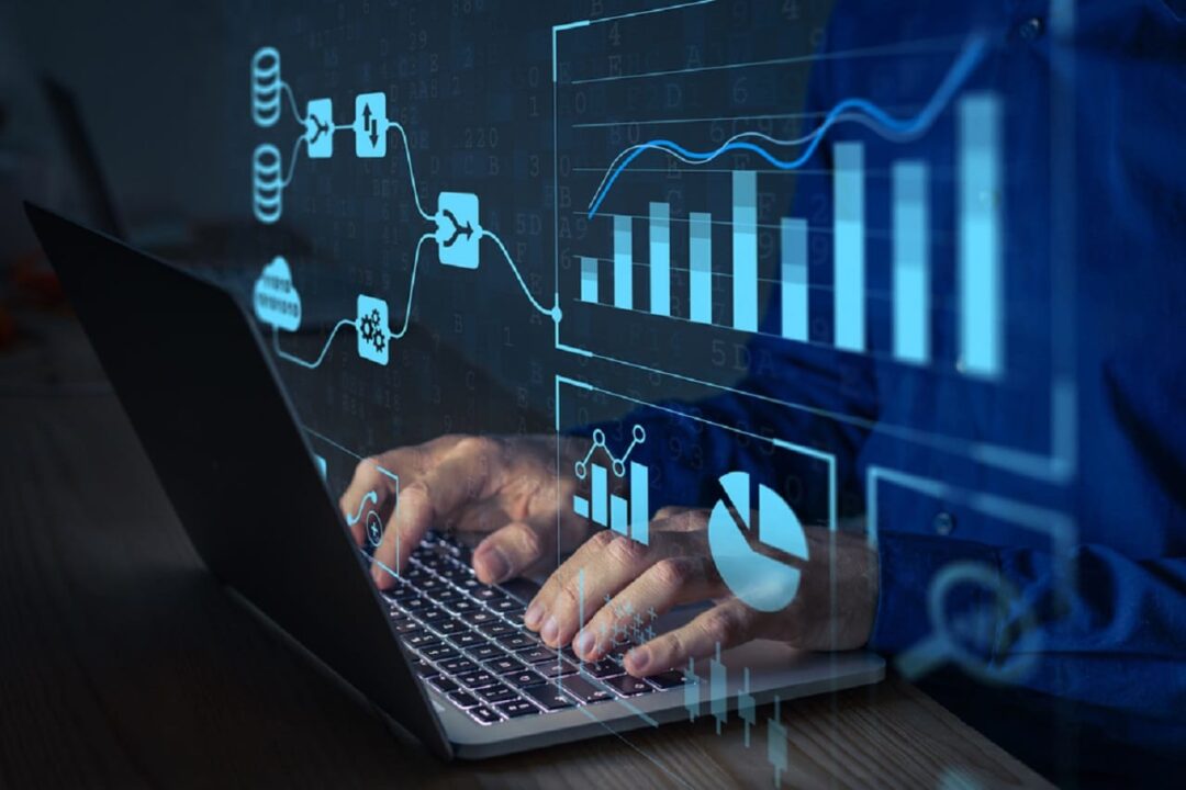 Imagem de uma pessoa utilizando a internet, com dados de gráficos aparecendo.