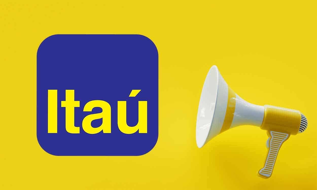 Logotipo Itaú com megafone ao lado e fundo amarelo