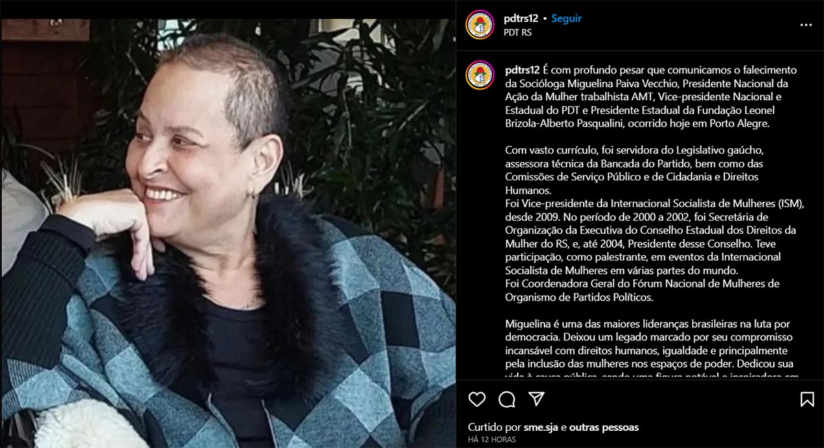 Em publicação, PDT presta homenagem à Miguelina Vecchio.
