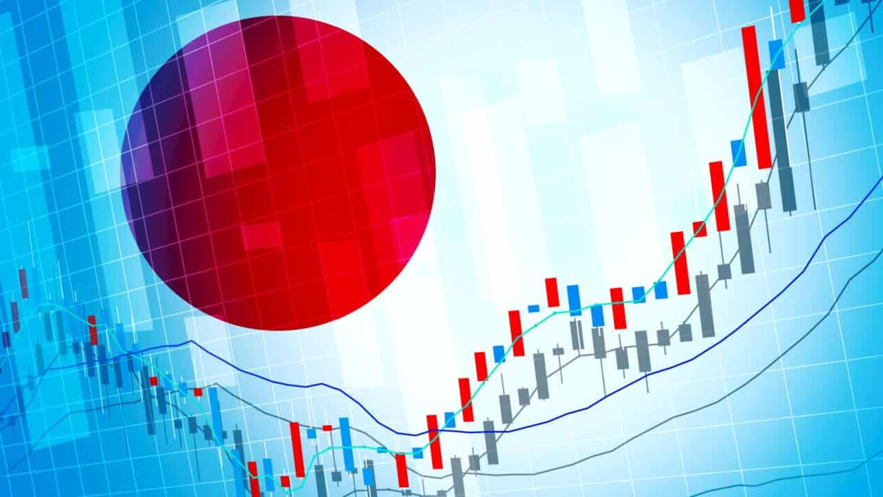 Colagem de bandeira do Japão e gráficos relacionados à economia