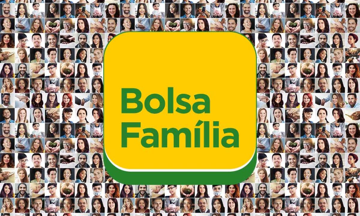 Diversas imagens de pessoas ao fundo formando um mosaico. No centro, o logo do Bolsa Família.