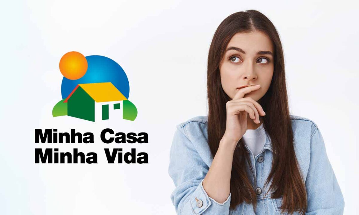 Mulher com expressão de dúvida, com a mão no queixo, ao lado do logo do programa Minha Casa, Minha Vida.