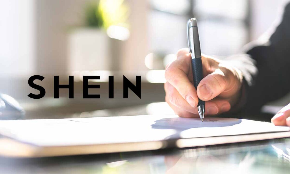 pessoa assinando contrato e logo da Shein ao lado, adicionado via edição