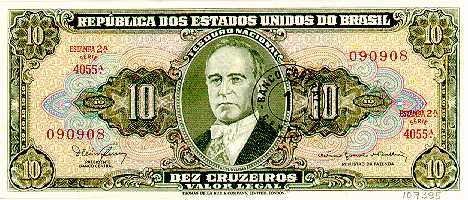 Cédula de 10 Cruzeiros Novos com a imagem do ex-presidente Getúlio Vargas