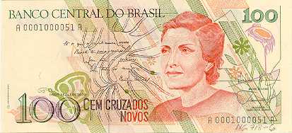 Cédula de 100 Cruzados Novos com a imagem da jornalista e professora Cecília Meireles