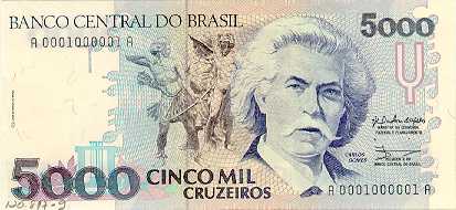 Cédula de 100 mil Cruzeiros com a imagem do compositor Carlos Gomes