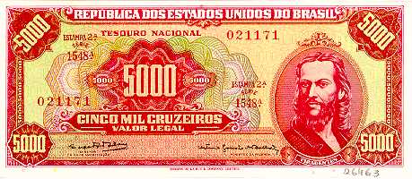 Cédula de 5000 mil cruzados com a imagem de Tiradentes